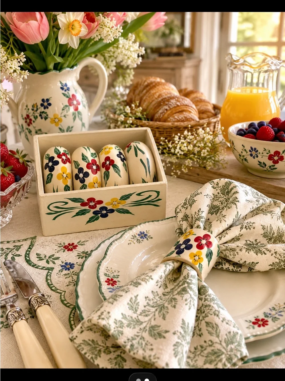 Hand-Painted Floral Tole Painted Napkin Rings Set of 4